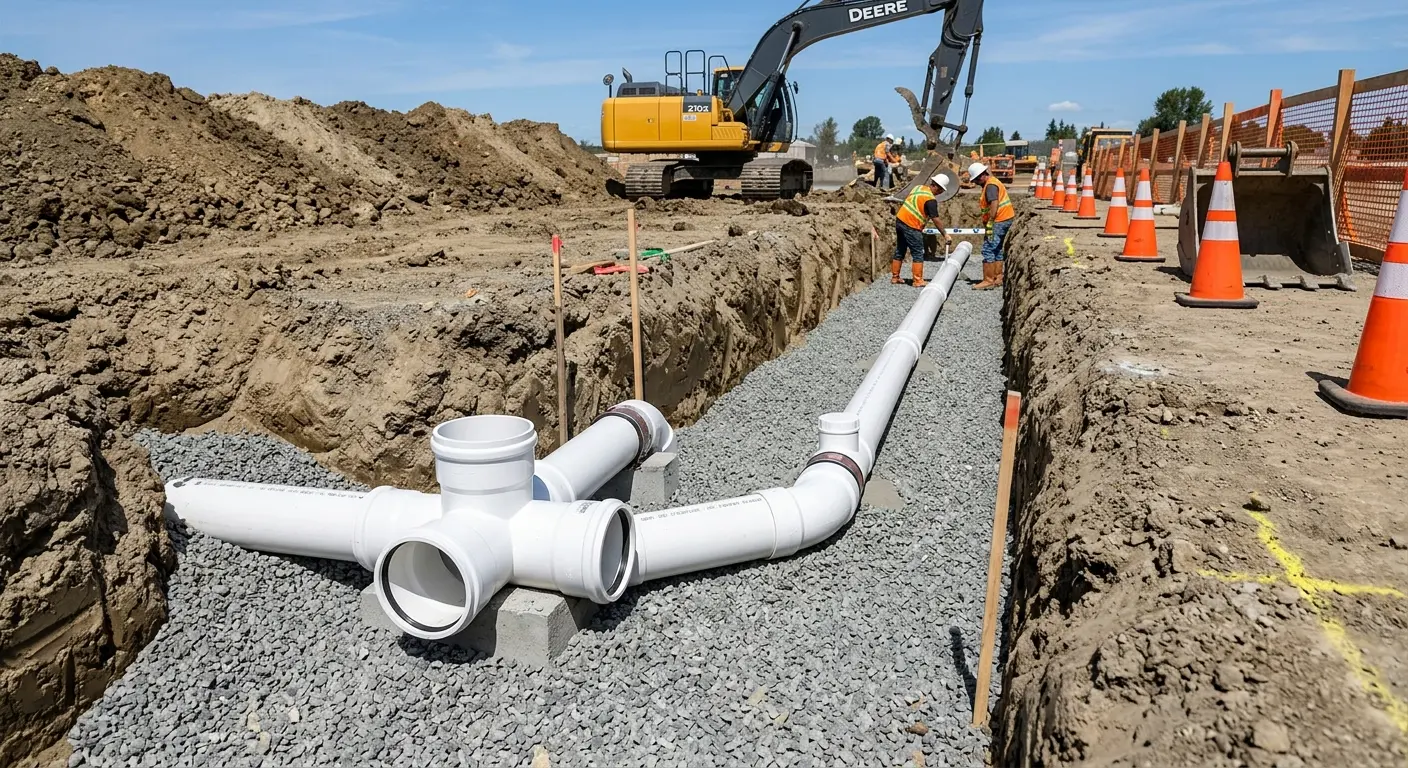 New PVC sewer pipe installation in open trench for Sewer Backup in Littleton