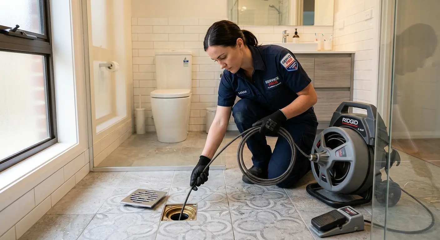 Technician clearing a bathroom floor drain for Drain Cleaning in Littleton